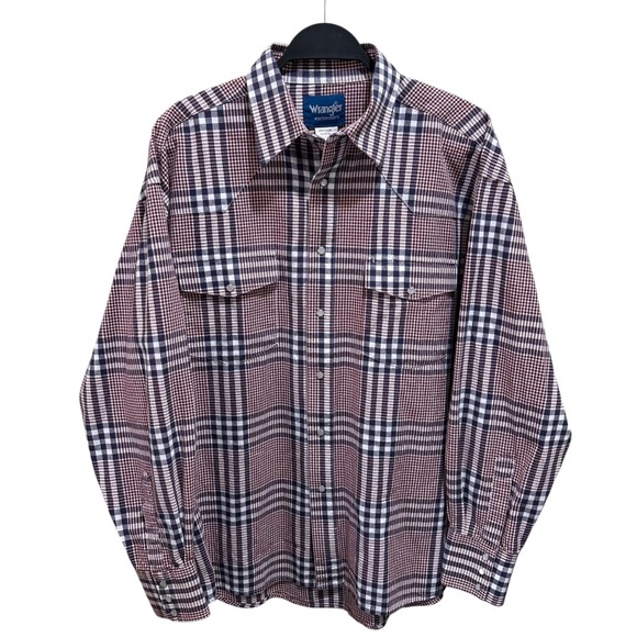 Wrangler Other - Wrangler Western Shirt Men Size XL Pearl Snap Wine Navy White Cowboy Long Sleeve